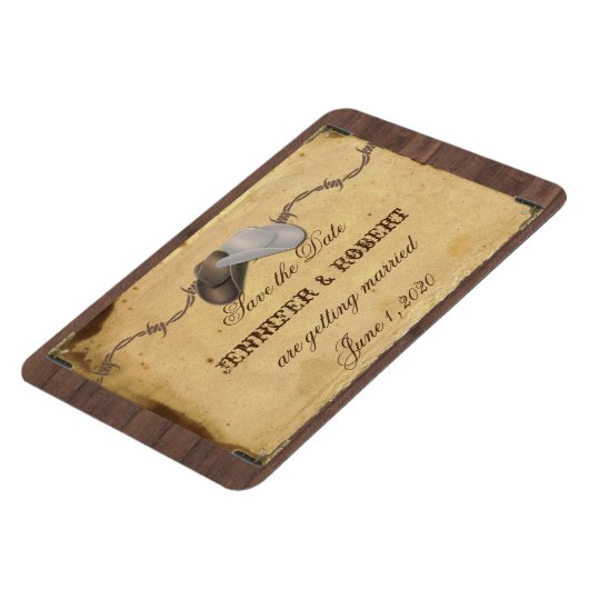 Rustikaler Cowboy Hats Hochzeit retten das Datum Magnet (Linke Seite)