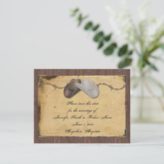 Rustikaler Cowboy Hats Save the Date Barbar (Stehend Vorderseite)