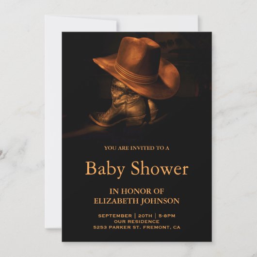Rustikaler Cowboy-Hut und Boots Baby-Dusche Einladung (Vorderseite)