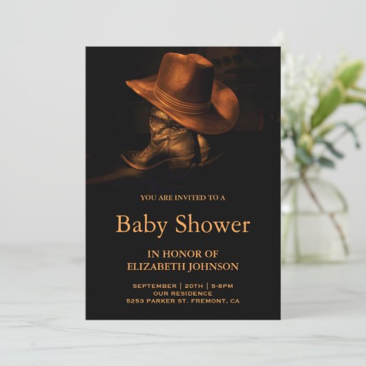 Rustikaler Cowboy-Hut und Boots Baby-Dusche Einladung (Stehend Vorderseite)
