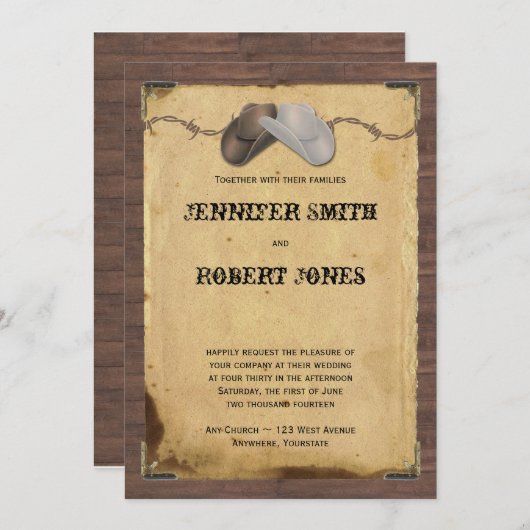 Rustikaler Cowboy mit Barbed Wire Hochzeit Einladung (Vorne/Hinten)