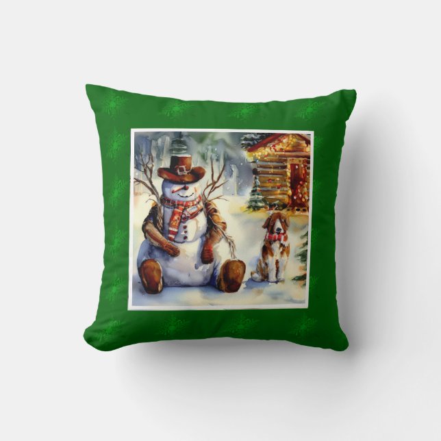 Rustikaler Cowboy Snowman Watercolor Throw Kissen (Vorderseite)