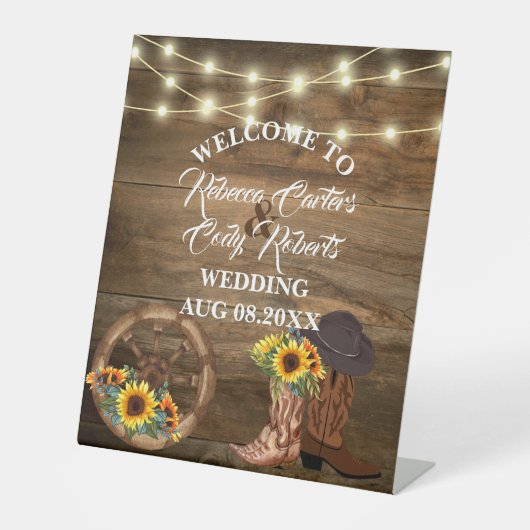 Rustikaler Cowboy Sonnenblumen Western Hochzeit Be Sockelschild (Vorderseite)