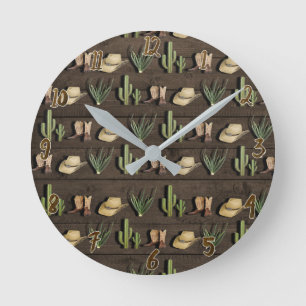 Rustikaler Cowboy Western Rodeo Holz Runde Wanduhr