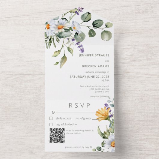 Rustikaler Daisy & Lavender Floral White QR Code All In One Einladung (Innen Boden)