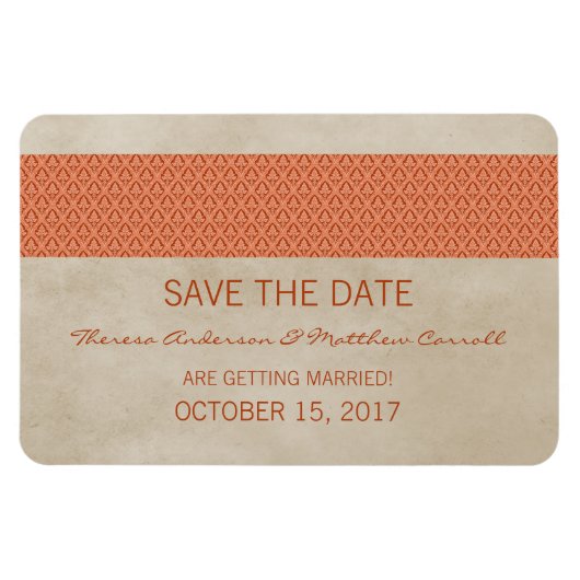 Rustikaler Damast Save-the-Date-Magnet, Orange Magnet (Horizontal)