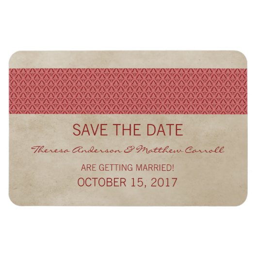 Rustikaler Damast Save-the-Date-Magnet, Rot Magnet (Horizontal)