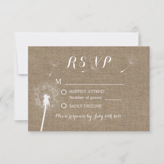 Rustikaler Dandelion blasst Burlap Wedding RSVP Karte (Vorderseite)