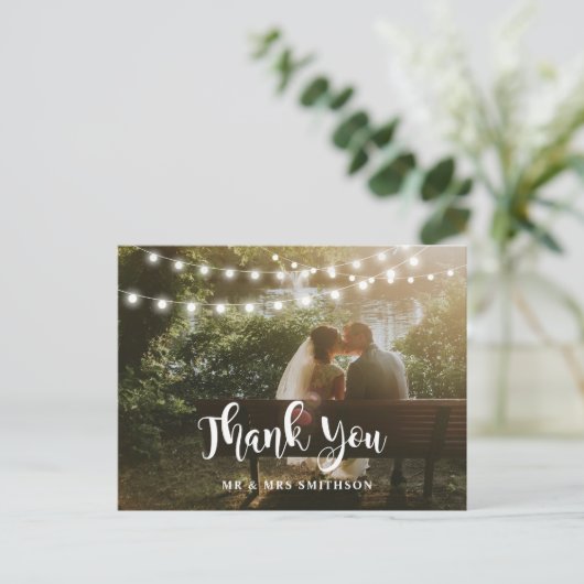 Rustikaler Dank Ihnen Foto String Lights Wedding C Postkarte (Stehend Vorderseite)
