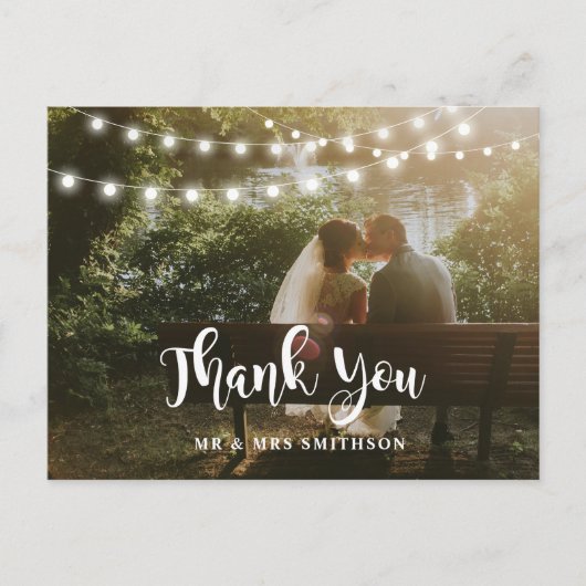 Rustikaler Dank Ihnen Foto String Lights Wedding C Postkarte (Vorderseite)
