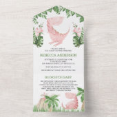 Rustikaler Dschungel Blütenpink Dinosaur Babydusch All In One Einladung (Innen Boden)