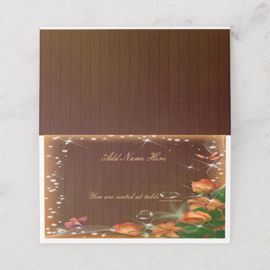 Rustikaler Dunkelholz-Blütenschmetterling-Hochzeit Platzkarte (Außenseite Aufgefaltet)