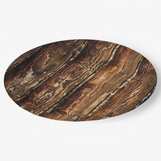 Rustikaler dunkler hölzerner WegwerfpapierTeller Pappteller (Schrägansicht)