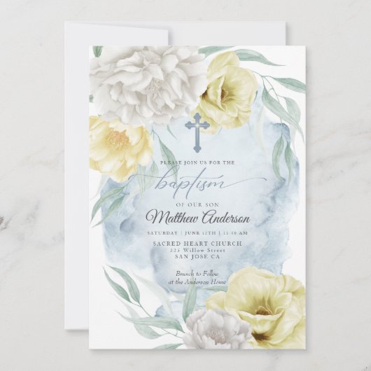 Rustikaler Dusty Blue Yellow Floral BAPTISM Einladung (Vorderseite)