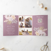 Rustikaler Dusty Mauve Pink Floral QR Code Hochzei Dreifach Gefaltete Einladung (Innenseite)