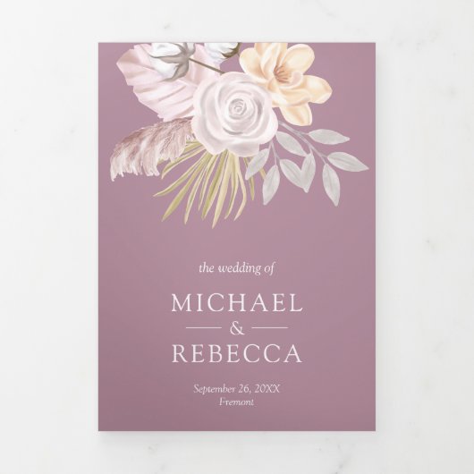 Rustikaler Dusty Mauve Pink Floral QR Code Hochzei Dreifach Gefaltete Einladung (Cover)