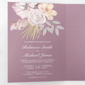 Rustikaler Dusty Mauve Pink Floral QR Code Hochzei Dreifach Gefaltete Einladung (Innen Erste Seite)