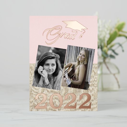 Rustikaler Dusty Pink Graduate 2 Foto Abschluss Folieneinladung (Stehend vorne)