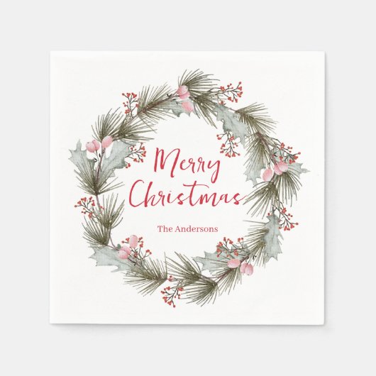 Rustikaler eleganter Wasserfarben-Weihnachtskranz  Serviette (Vorderseite)