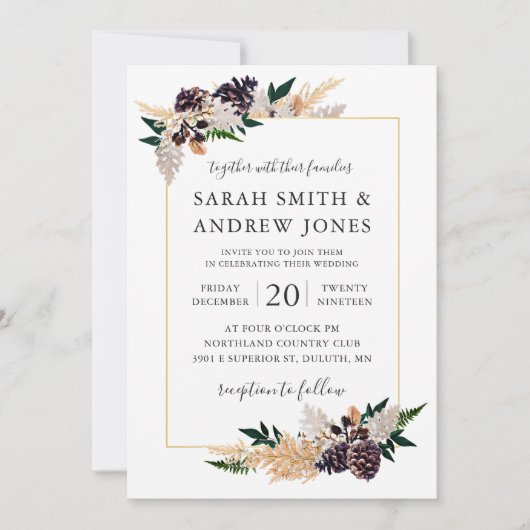 Rustikaler Eleganz-Kiefern-Kegel, Farn und Grün Einladung (Vorderseite)