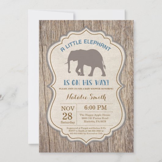 Rustikaler Elephant Baby Shower Einladung Junge (Vorderseite)
