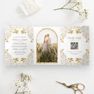 Rustikaler Elfenbein-Blumen-Gold-Glitter-QR-Code-H Dreifach Gefaltete Einladung
