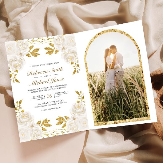 Rustikaler Elfenbein-Blumen-Gold-Glitter-QR-Code-H Einladung