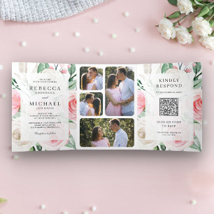 Rustikaler Elfenbein-Rosa-Blumenhochzeit-QR-Code Dreifach Gefaltete Einladung