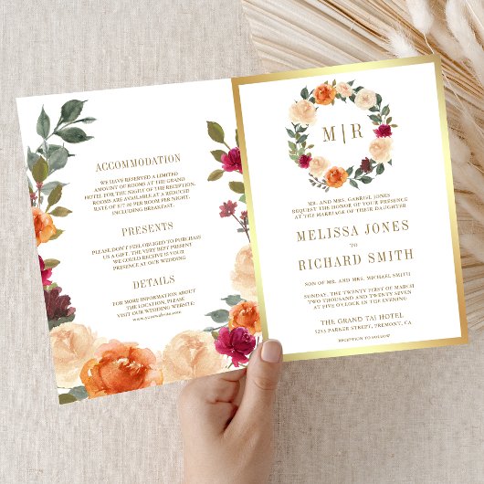 Rustikaler, erdiger Blumenkranz QR-Code Hochzeit Einladung