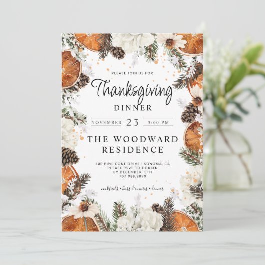 Rustikaler Erntedank Abendessen Citrus Pine Einladung (Stehend Vorderseite)