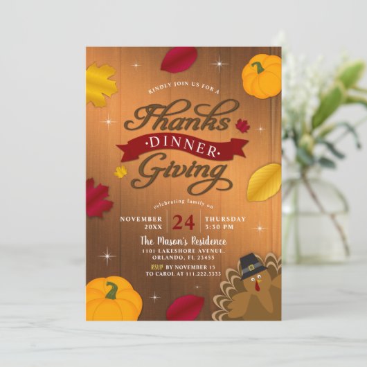 Rustikaler Erntedank Herbstlaub Türkei Pumpkin Einladung (Stehend Vorderseite)