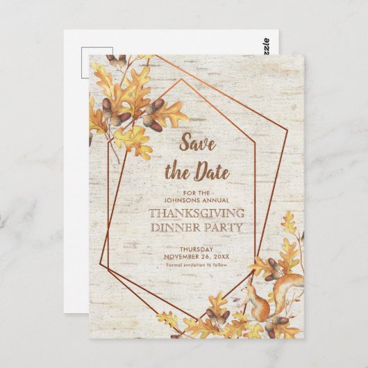 Rustikaler Erntedank Save the Date Acorns Eichhörn Postkarte (Vorne/Hinten)