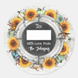 Rustikaler Erntedank Sonnenblume zu / von Schreib- Runder Aufkleber