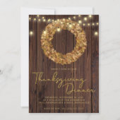 Rustikaler Erntedank Wreath String Lights Wood Einladung (Vorderseite)
