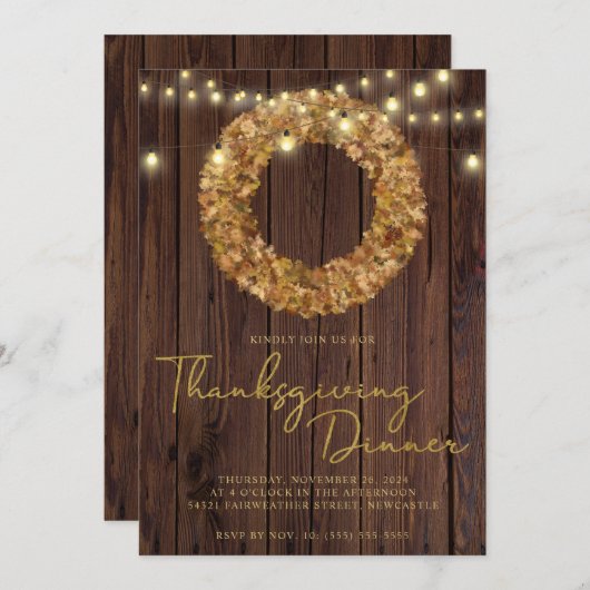 Rustikaler Erntedank Wreath String Lights Wood Einladung (Vorne/Hinten)