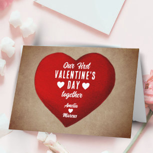 Rustikaler erster Valentinstag zusammen rotes Herz Feiertagskarte