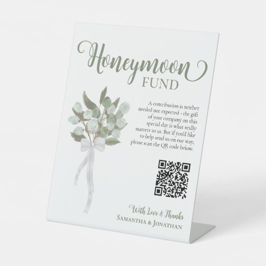 Rustikaler Eucalyptus Bouquet Honeymoon Fund QR Co Sockelschild (Vorderseite)