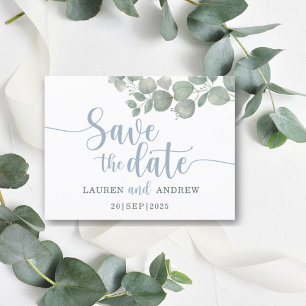 Rustikaler Eukalyptus Dusty Blue Wedding Save the Postkarte