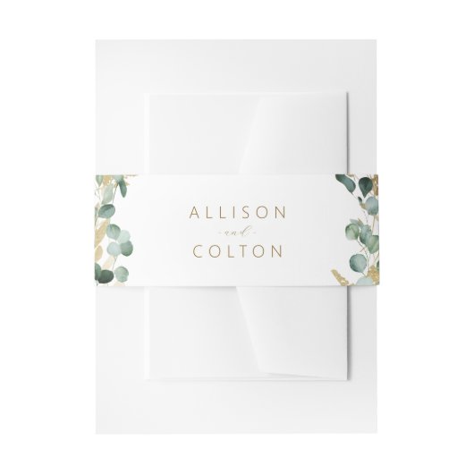 Rustikaler Eukalyptus goldenes Grün Boho Hochzeit Einladungsbanderole (Vorderseite Beispiel)