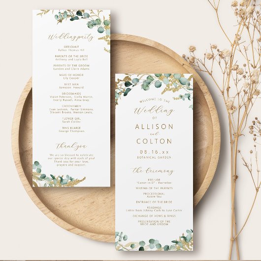 Rustikaler Eukalyptus goldenes Grün Boho Hochzeit Programm