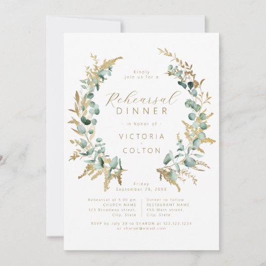 Rustikaler Eukalyptus goldfarbener Probe Abendesse Einladung (Vorderseite)