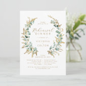 Rustikaler Eukalyptus goldfarbener Probe Abendesse Einladung (Stehend Vorderseite)
