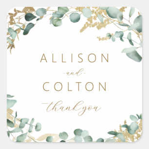 Rustikaler Eukalyptus-Goldgrün Boho Gastgeschenk H Quadratischer Aufkleber