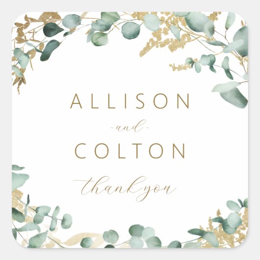 Rustikaler Eukalyptus-Goldgrün Boho Gastgeschenk H Quadratischer Aufkleber (Vorderseite)