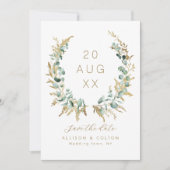 Rustikaler Eukalyptus-Goldgrün boho Save the Date (Vorderseite)