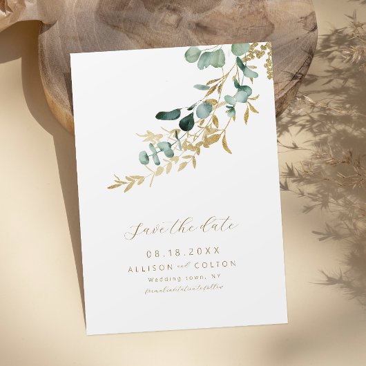 Rustikaler Eukalyptus-Goldgrün boho Save the Date