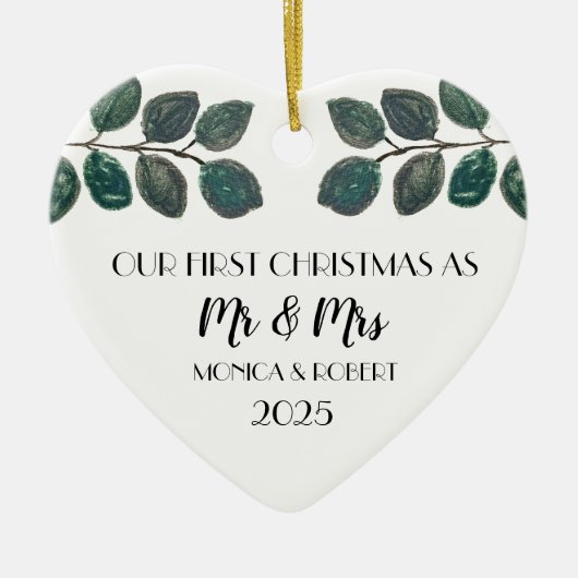 Rustikaler Eukalyptus Keepake Erste Weihnachten Keramik Ornament (Vorne)