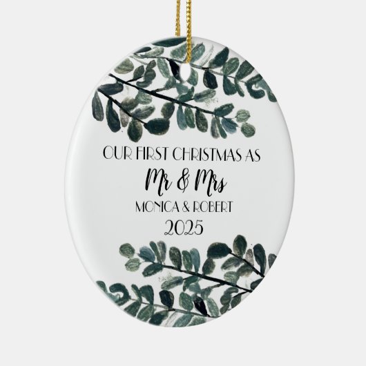 Rustikaler Eukalyptus Keepake Erste Weihnachten Keramik Ornament (Rechts)