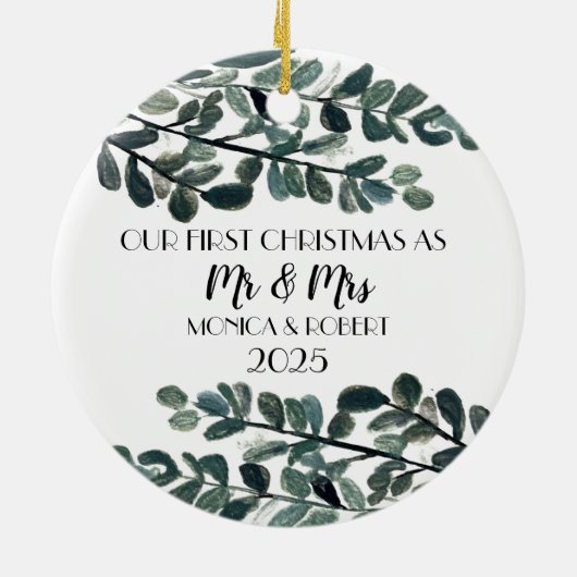 Rustikaler Eukalyptus Keepake Erste Weihnachten Keramik Ornament (Hinten)