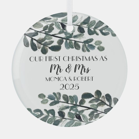 Rustikaler Eukalyptus Keepake Erste Weihnachten Ornament Aus Glas (Vorderseite)